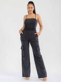 WOMEN'S SLEEVELESS CARGO POCKETS WASHED WIDE LEG JUMPSUIT