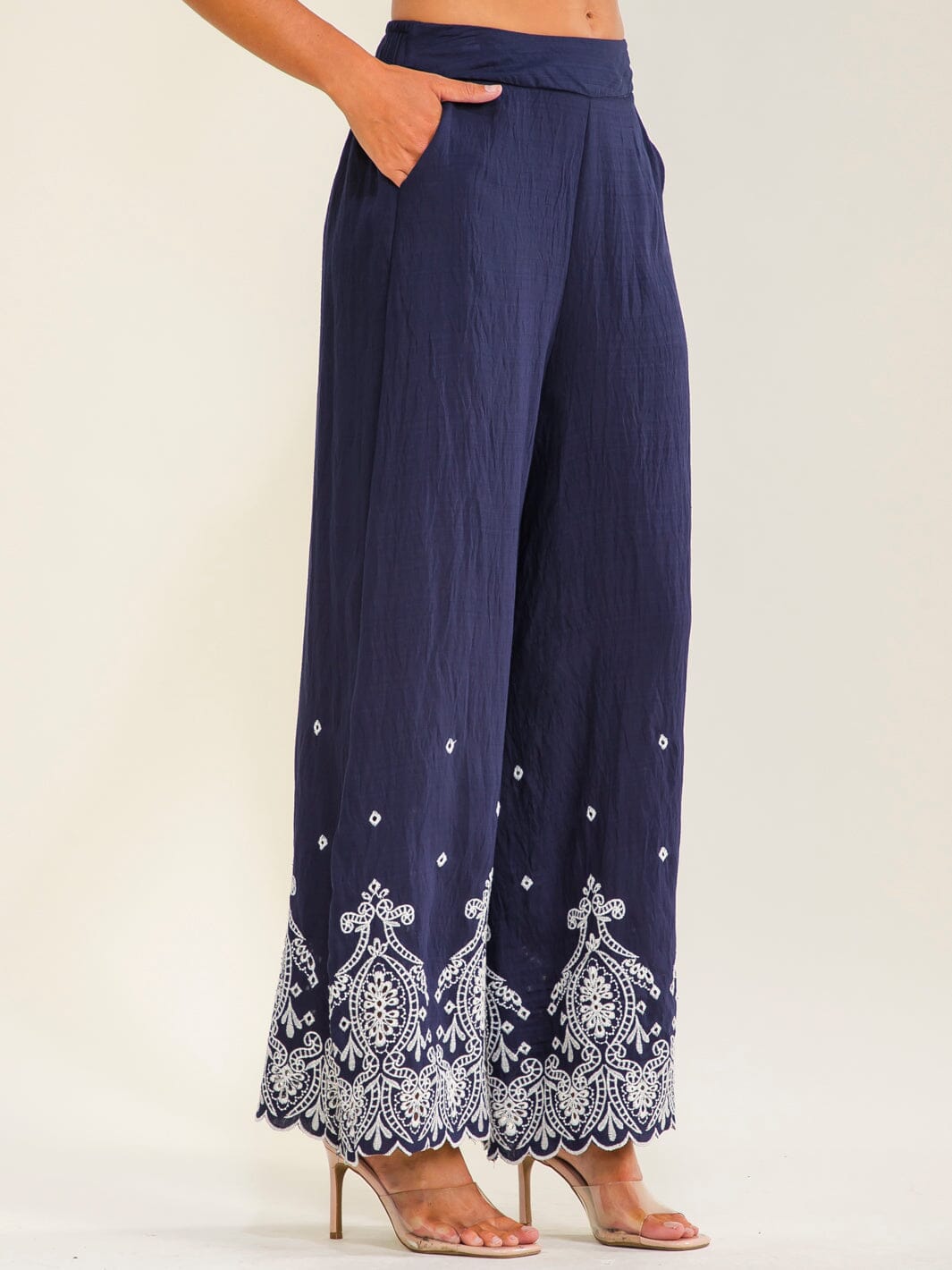 WOMEN'S ELASTIC WAIST FRONT POCKETS WIDE LEG EMBROIDERY PANTS