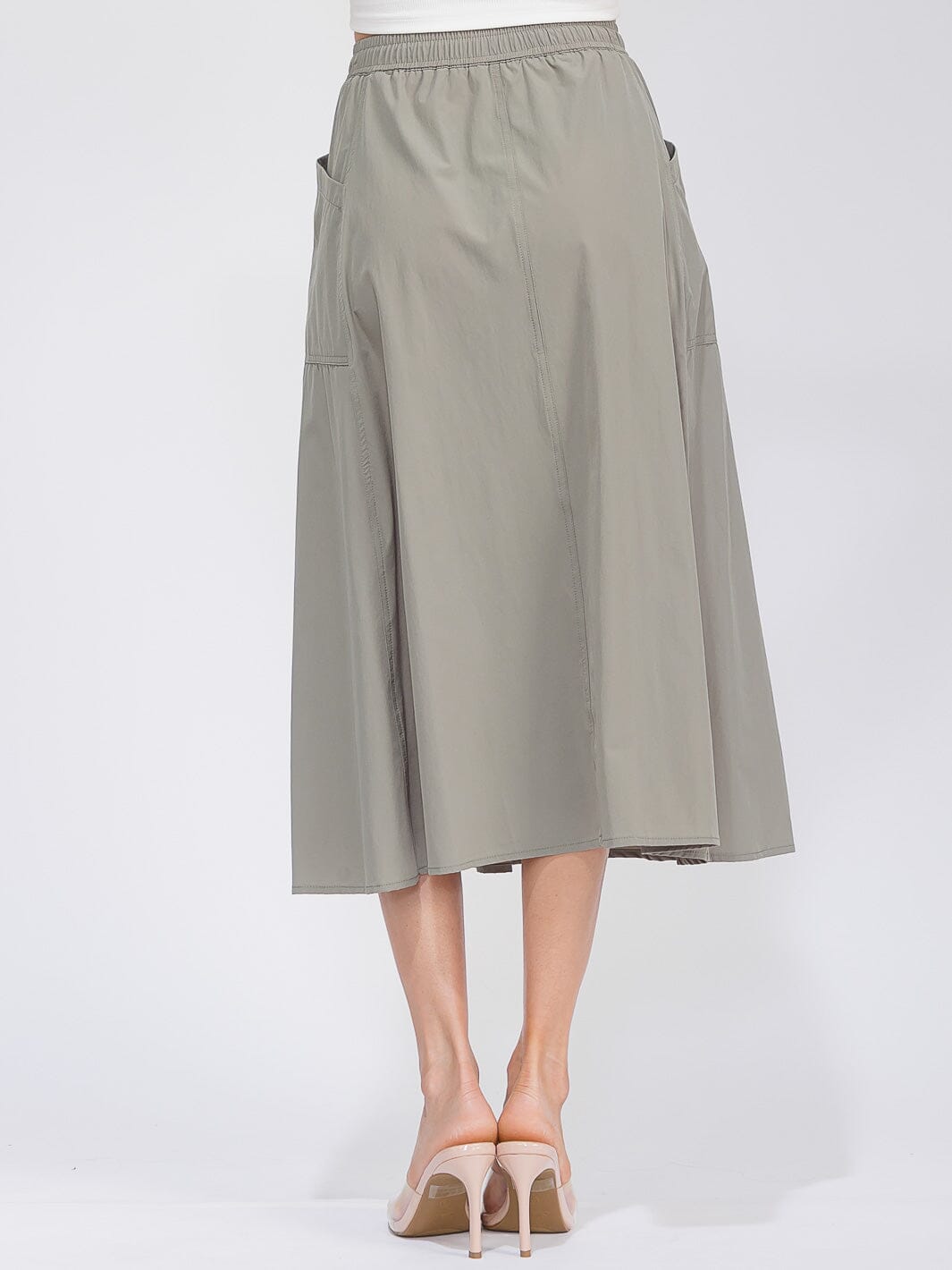 WOMEN'S ELASTIC WAIST FRONT POCKETS MIDI SKIRT