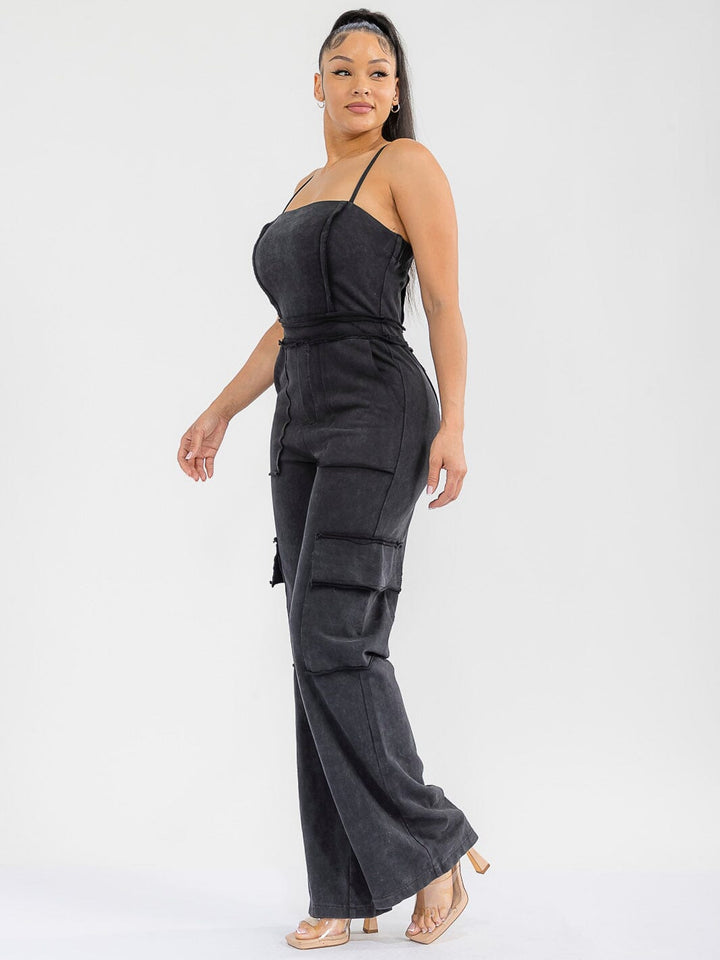 WOMEN'S SLEEVELESS CARGO POCKETS WASHED WIDE LEG JUMPSUIT
