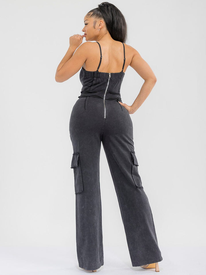WOMEN'S SLEEVELESS CARGO POCKETS WASHED WIDE LEG JUMPSUIT