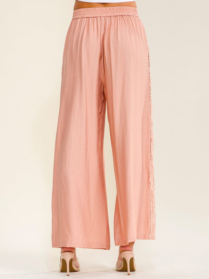WOMEN'S ELASTIC WAIST FRONT POCKETS WIDE LEG CROCHET TRIM PANTS