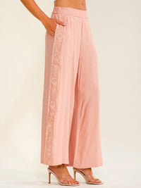 WOMEN'S ELASTIC WAIST FRONT POCKETS WIDE LEG CROCHET TRIM PANTS