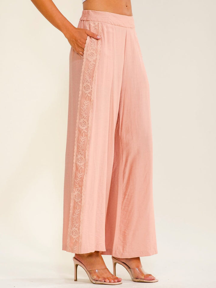 WOMEN'S ELASTIC WAIST FRONT POCKETS WIDE LEG CROCHET TRIM PANTS