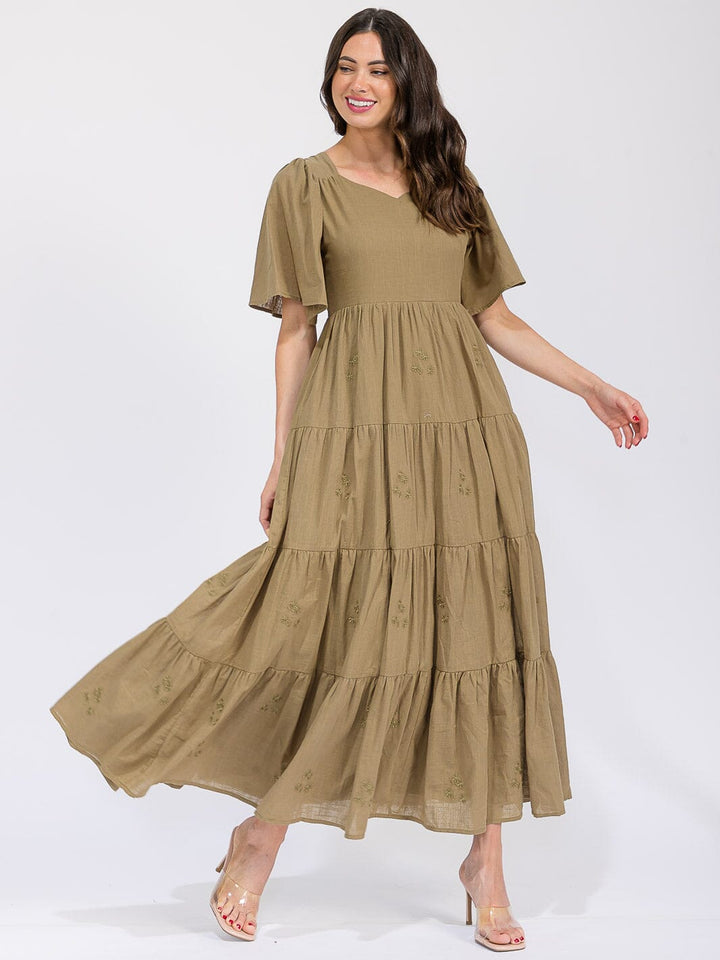 WOMEN'S SHORT SLEEVE FRONT POCKETS TIERED EMBROIDERY FLOWERS MAXI DRESS