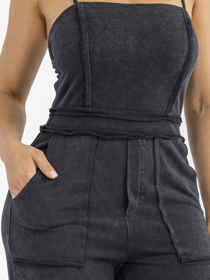 WOMEN'S SLEEVELESS CARGO POCKETS WASHED WIDE LEG JUMPSUIT