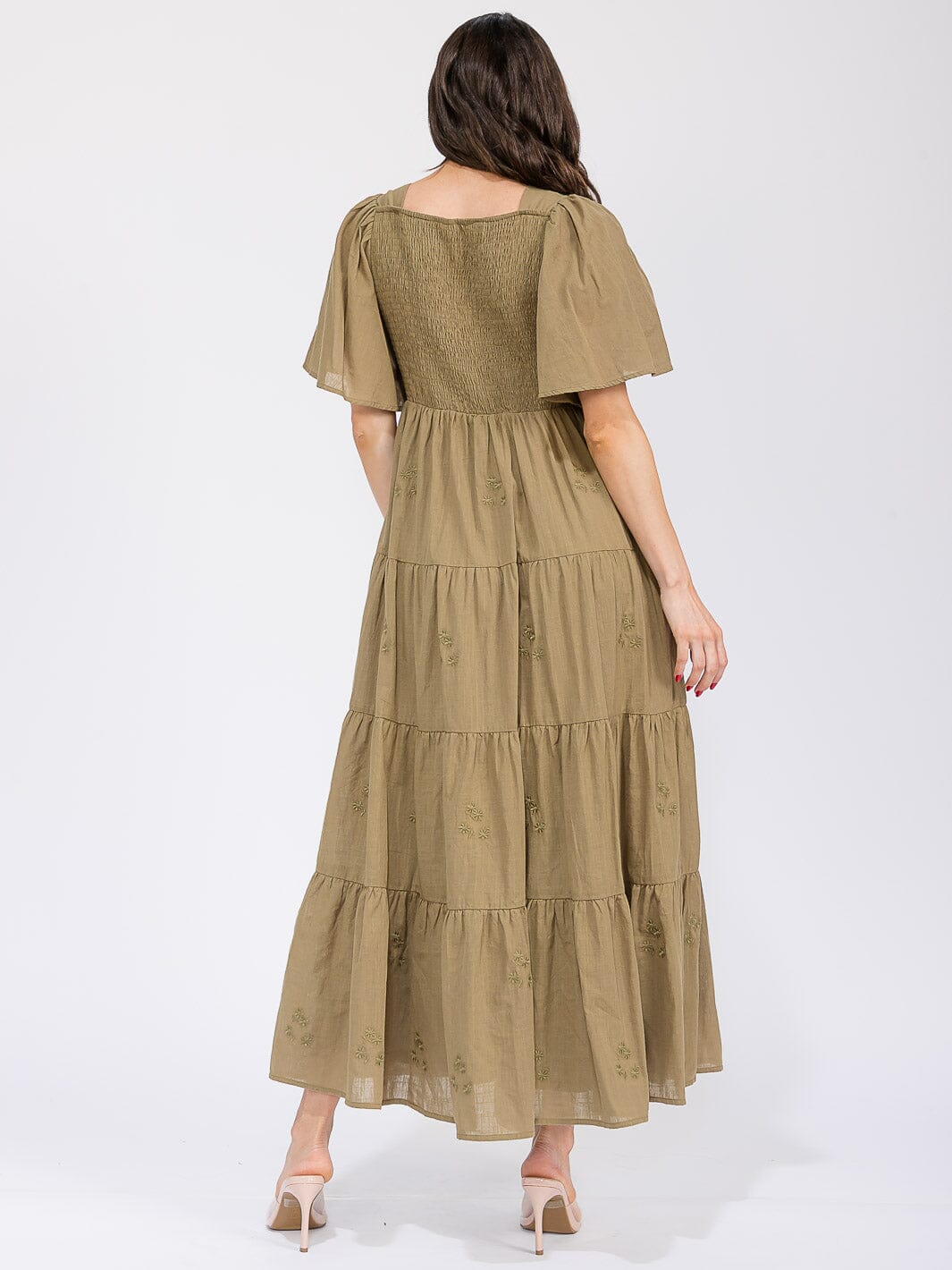 WOMEN'S SHORT SLEEVE FRONT POCKETS TIERED EMBROIDERY FLOWERS MAXI DRESS