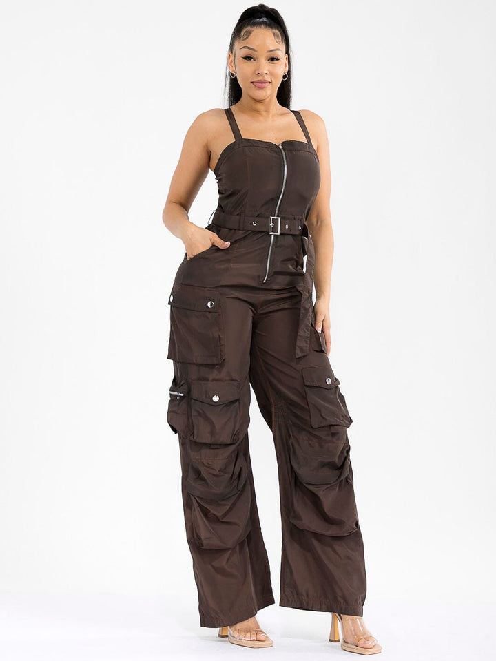 WOMEN'S SLEEVELESS ZIP UP CARGO POCKETS WIDE LEG JUMPSUIT