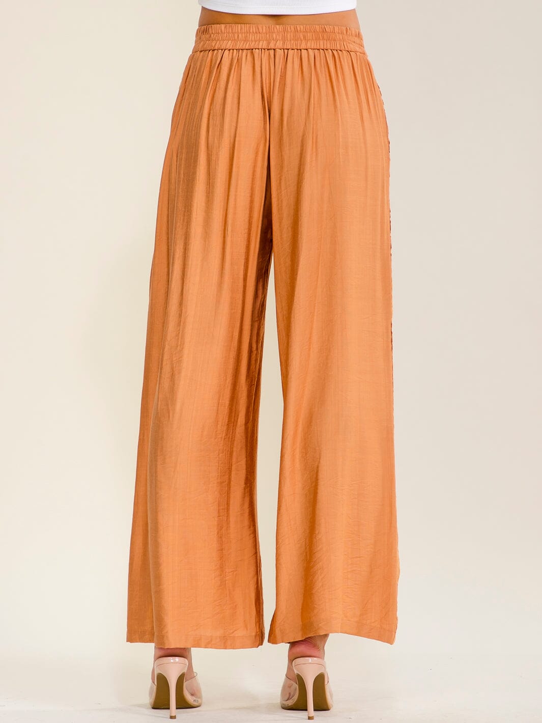 WOMEN'S ELASTIC WAIST FRONT POCKETS WIDE LEG CROCHET TRIM PANTS