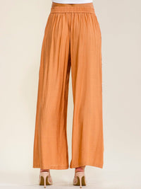 WOMEN'S ELASTIC WAIST FRONT POCKETS WIDE LEG CROCHET TRIM PANTS