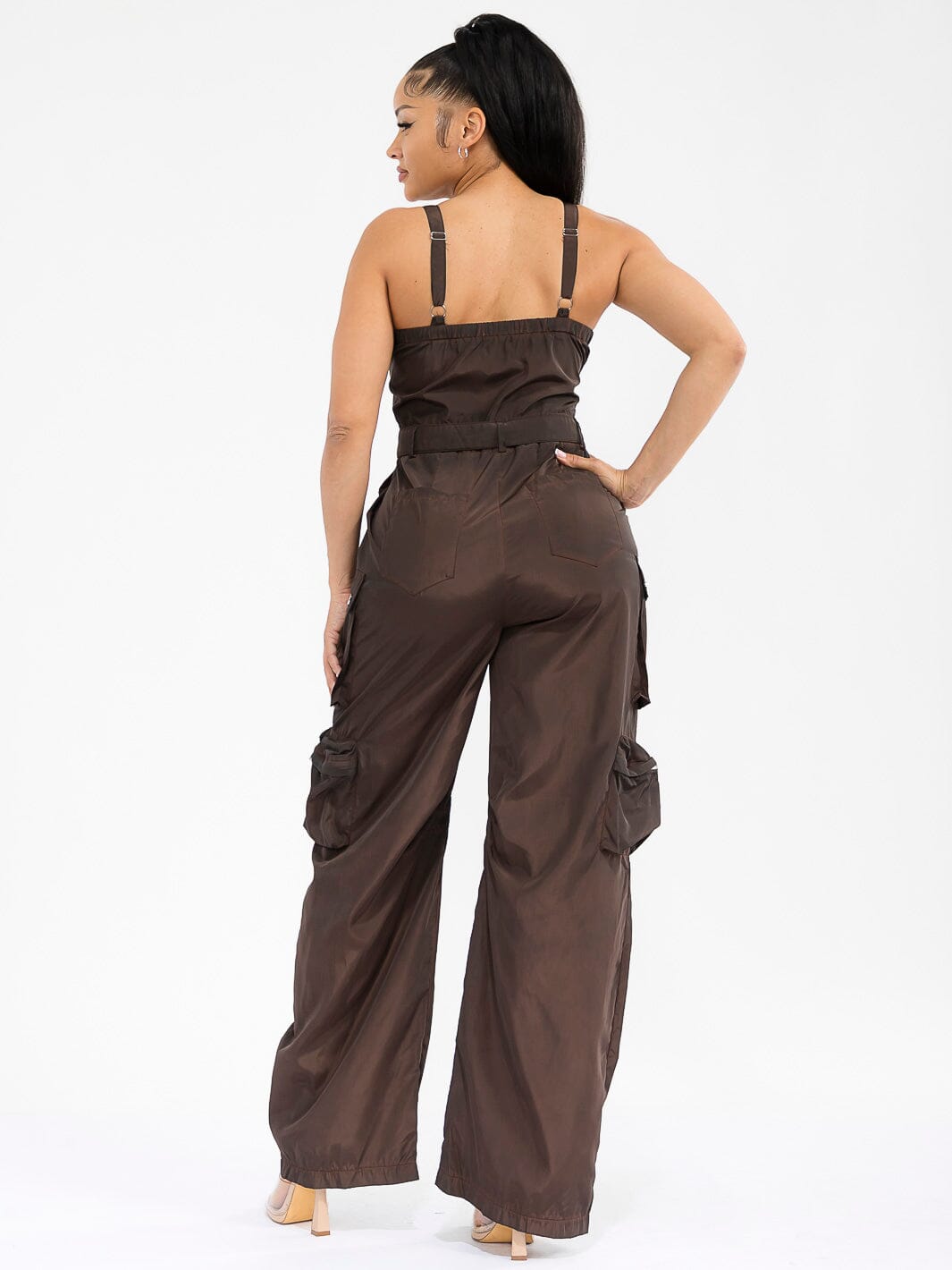 WOMEN'S SLEEVELESS ZIP UP CARGO POCKETS WIDE LEG JUMPSUIT