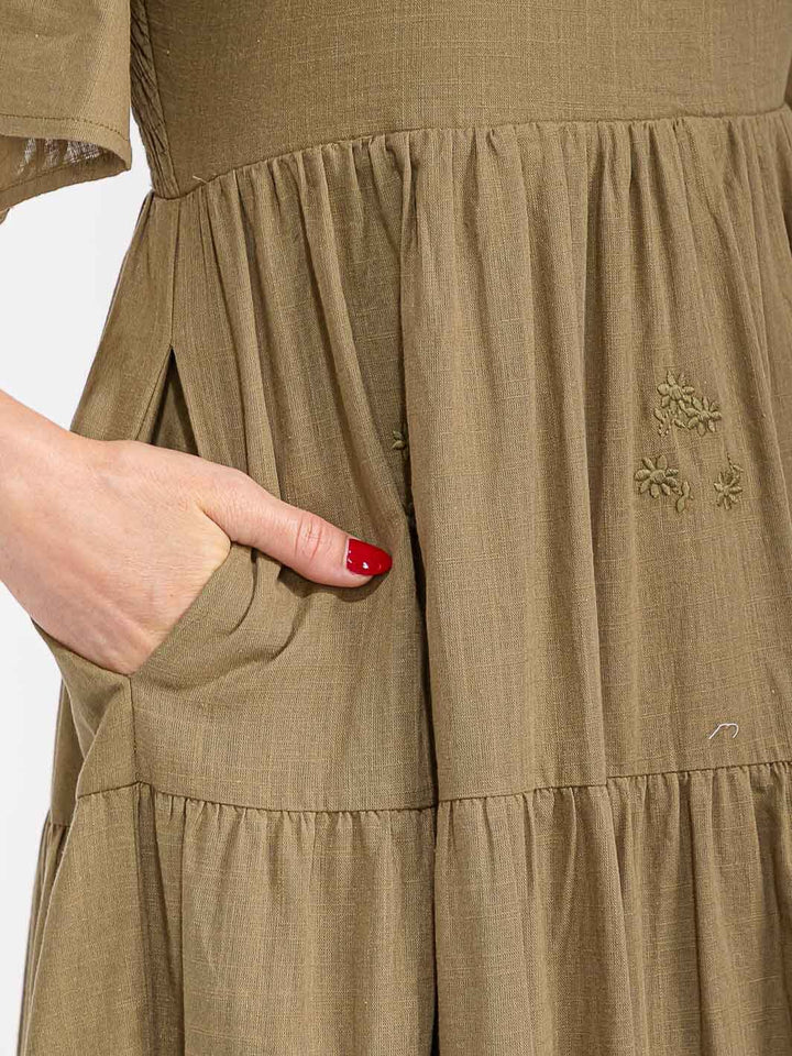 WOMEN'S SHORT SLEEVE FRONT POCKETS TIERED EMBROIDERY FLOWERS MAXI DRESS