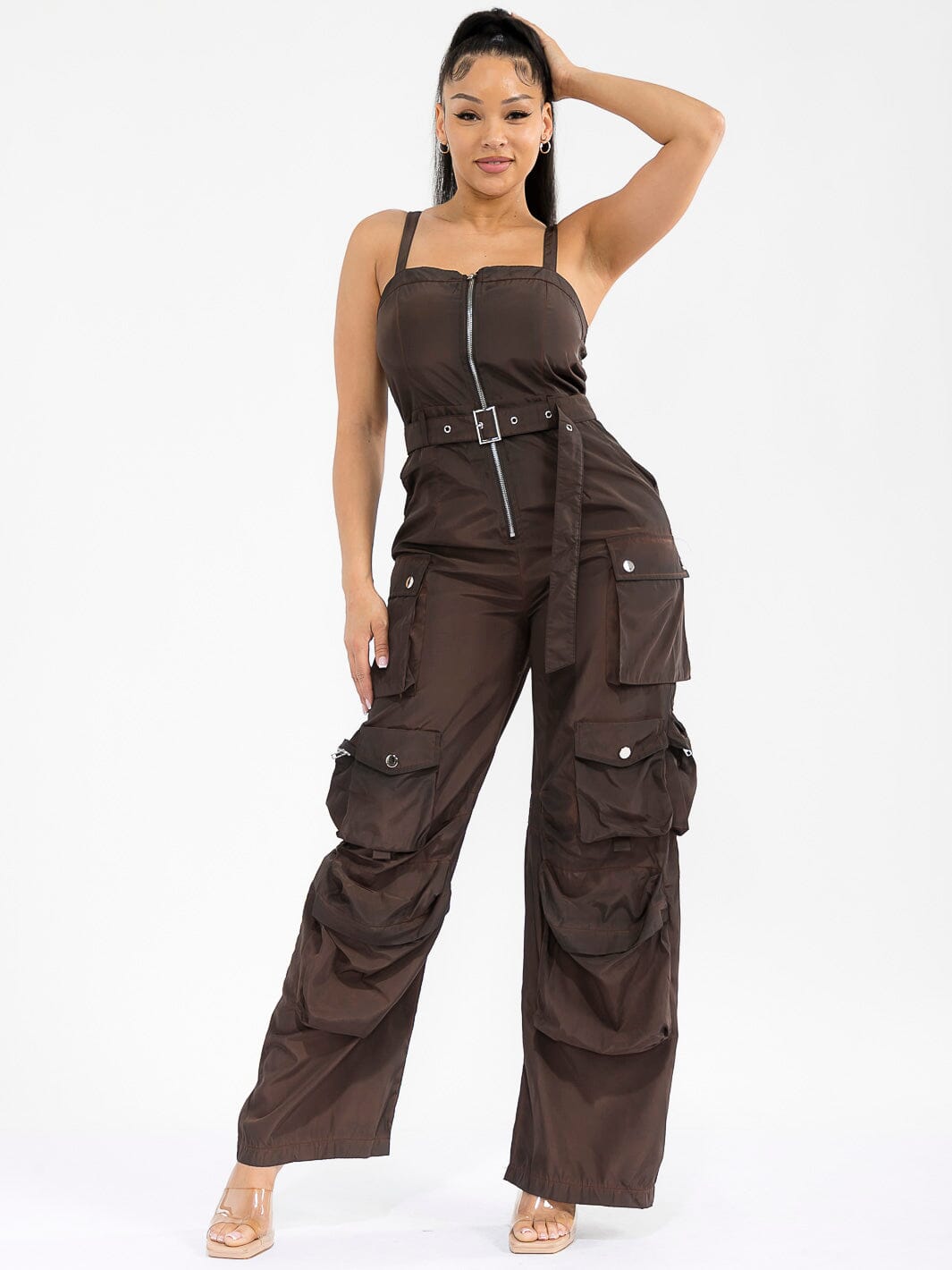 WOMEN'S SLEEVELESS ZIP UP CARGO POCKETS WIDE LEG JUMPSUIT
