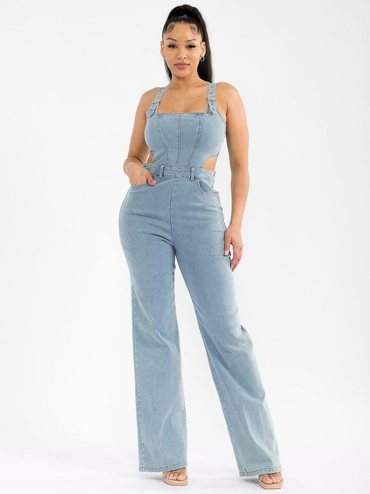 WOMEN'S SLEEVELESS ZIP UP CUT OUT POCKETS STRETCH DENIM WIDE LEG JUMPSUIT