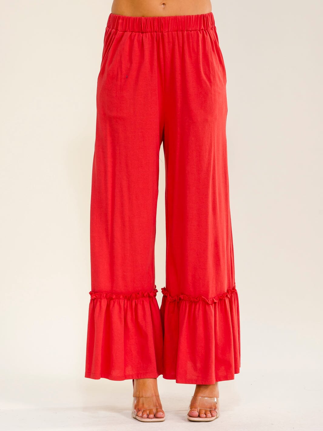 WOMEN'S ELASTIC WAIST FRONT POCKETS RUFFLE BOTTOM HEM PALAZZO PANTS