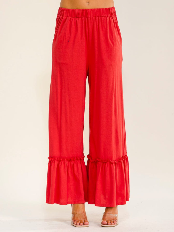 WOMEN'S ELASTIC WAIST FRONT POCKETS RUFFLE BOTTOM HEM PALAZZO PANTS