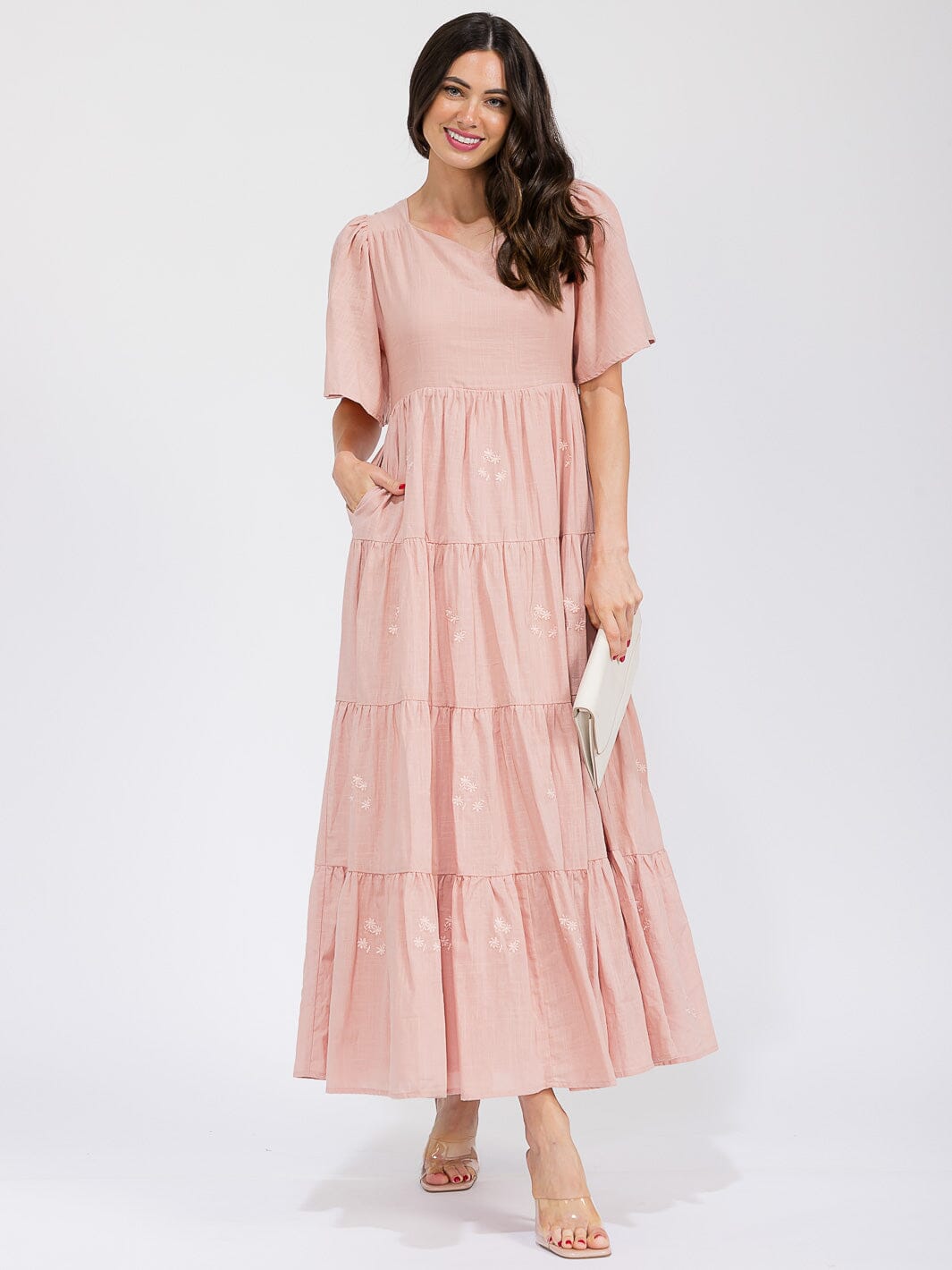 WOMEN'S SHORT SLEEVE FRONT POCKETS TIERED EMBROIDERY FLOWERS MAXI DRESS