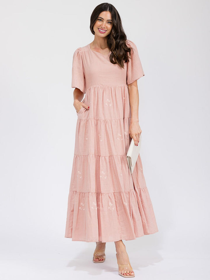 WOMEN'S SHORT SLEEVE FRONT POCKETS TIERED EMBROIDERY FLOWERS MAXI DRESS