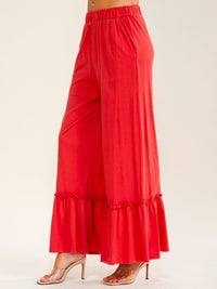 WOMEN'S ELASTIC WAIST FRONT POCKETS RUFFLE BOTTOM HEM PALAZZO PANTS