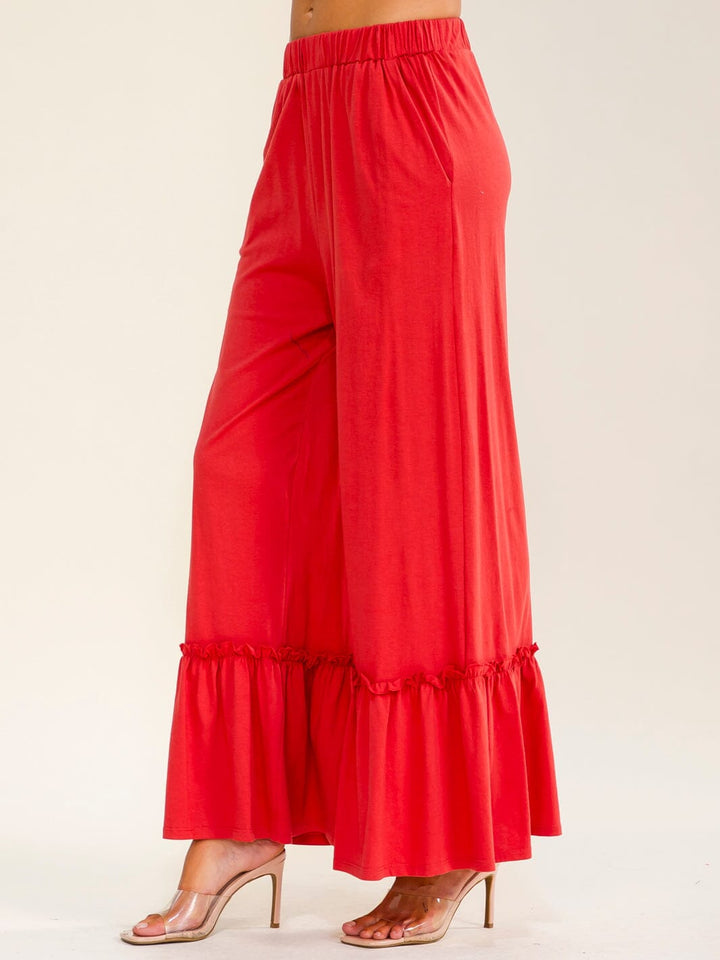 WOMEN'S ELASTIC WAIST FRONT POCKETS RUFFLE BOTTOM HEM PALAZZO PANTS