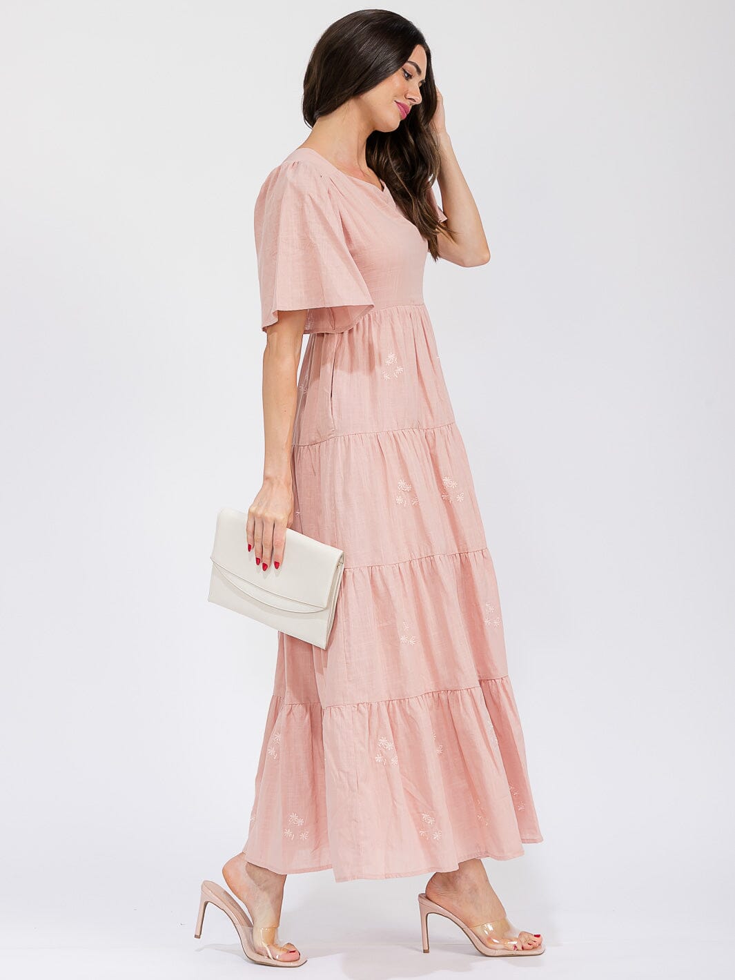 WOMEN'S SHORT SLEEVE FRONT POCKETS TIERED EMBROIDERY FLOWERS MAXI DRESS