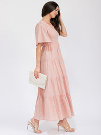 WOMEN'S SHORT SLEEVE FRONT POCKETS TIERED EMBROIDERY FLOWERS MAXI DRESS