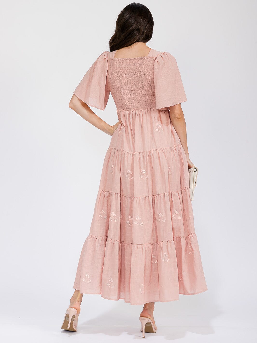 WOMEN'S SHORT SLEEVE FRONT POCKETS TIERED EMBROIDERY FLOWERS MAXI DRESS