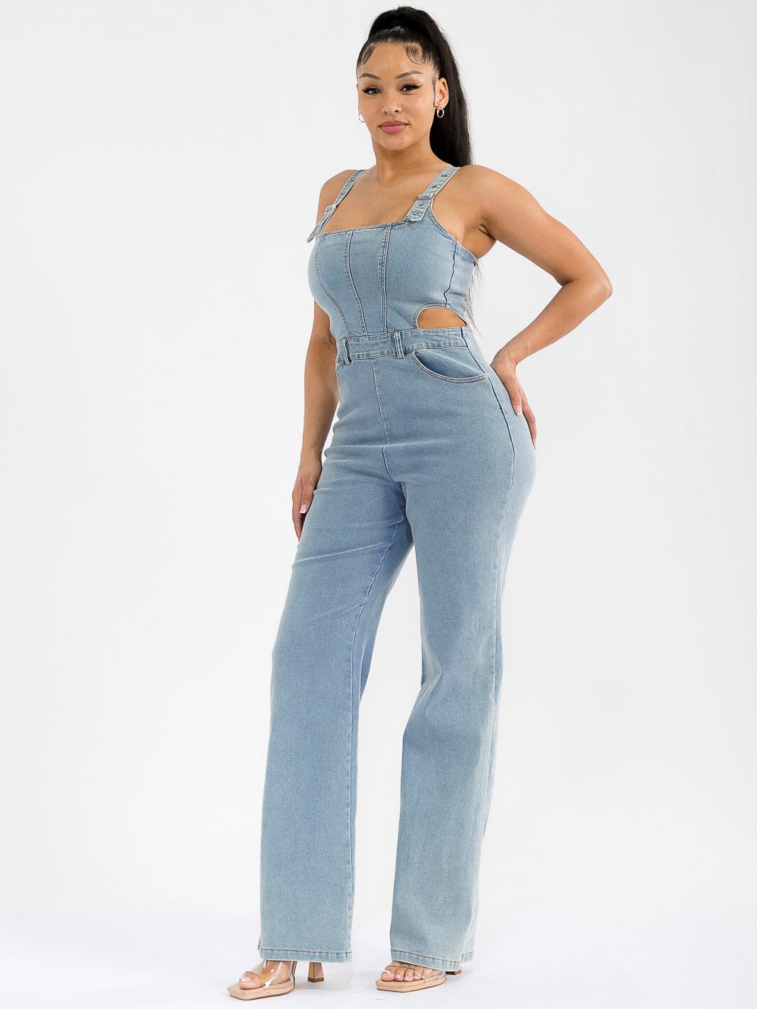 WOMEN'S SLEEVELESS ZIP UP CUT OUT POCKETS STRETCH DENIM WIDE LEG JUMPSUIT
