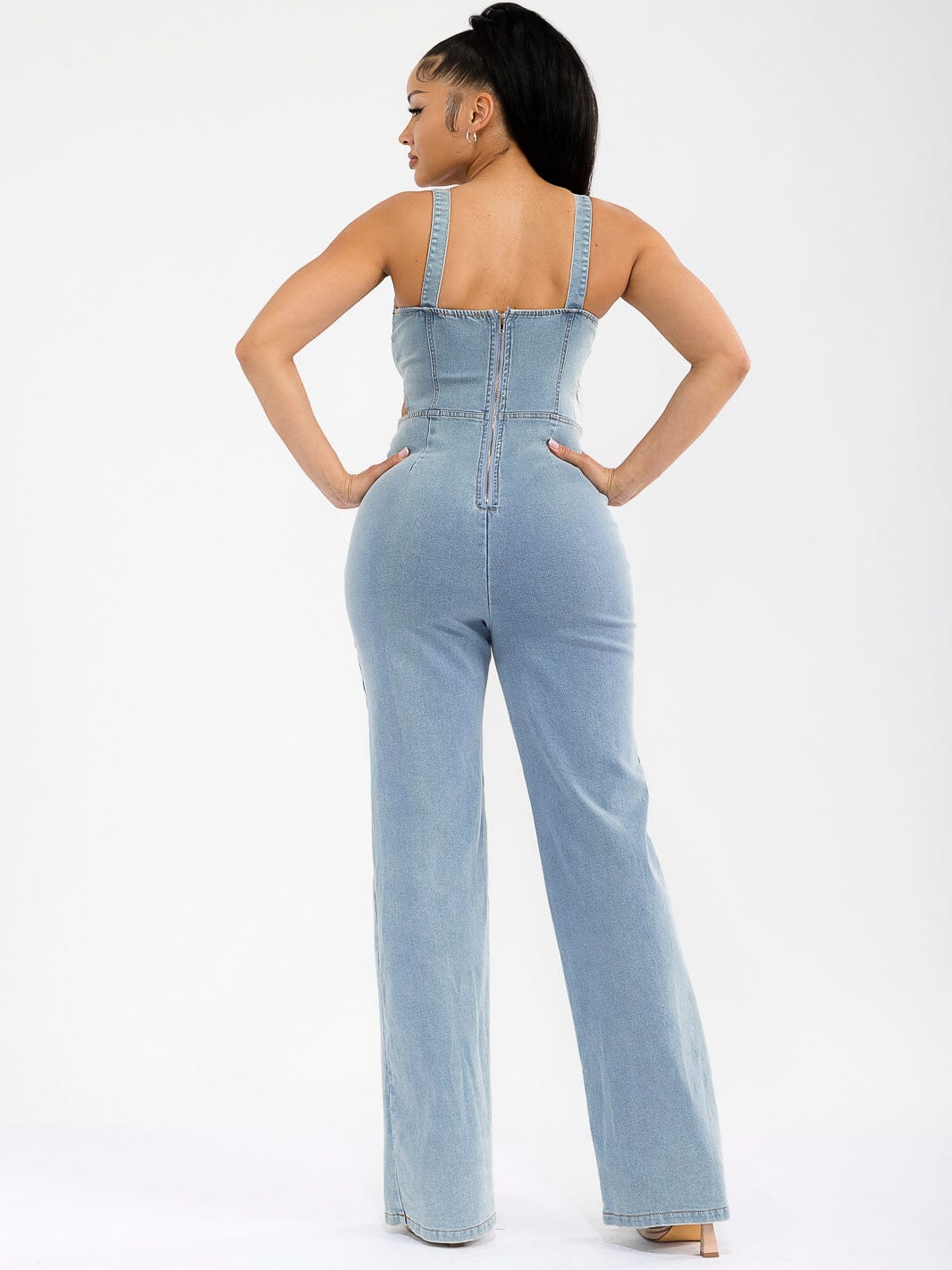 WOMEN'S SLEEVELESS ZIP UP CUT OUT POCKETS STRETCH DENIM WIDE LEG JUMPSUIT