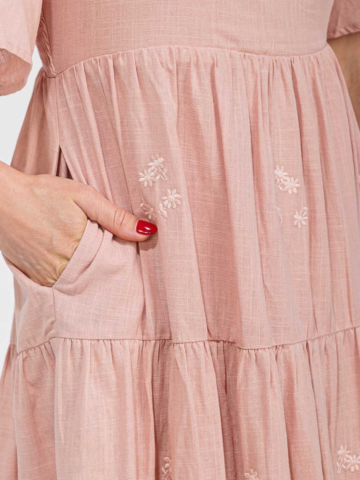 WOMEN'S SHORT SLEEVE FRONT POCKETS TIERED EMBROIDERY FLOWERS MAXI DRESS