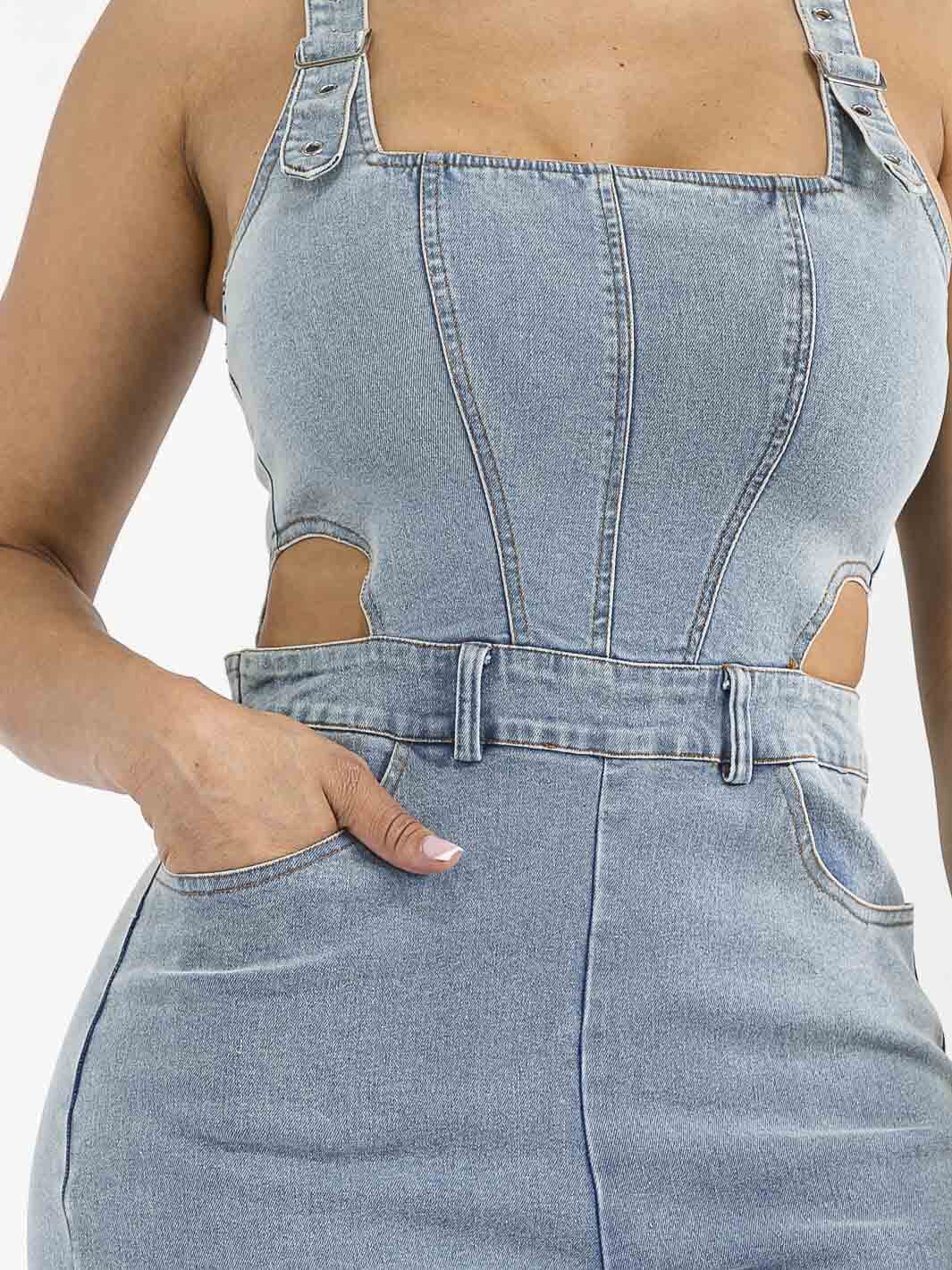 WOMEN'S SLEEVELESS ZIP UP CUT OUT POCKETS STRETCH DENIM WIDE LEG JUMPSUIT