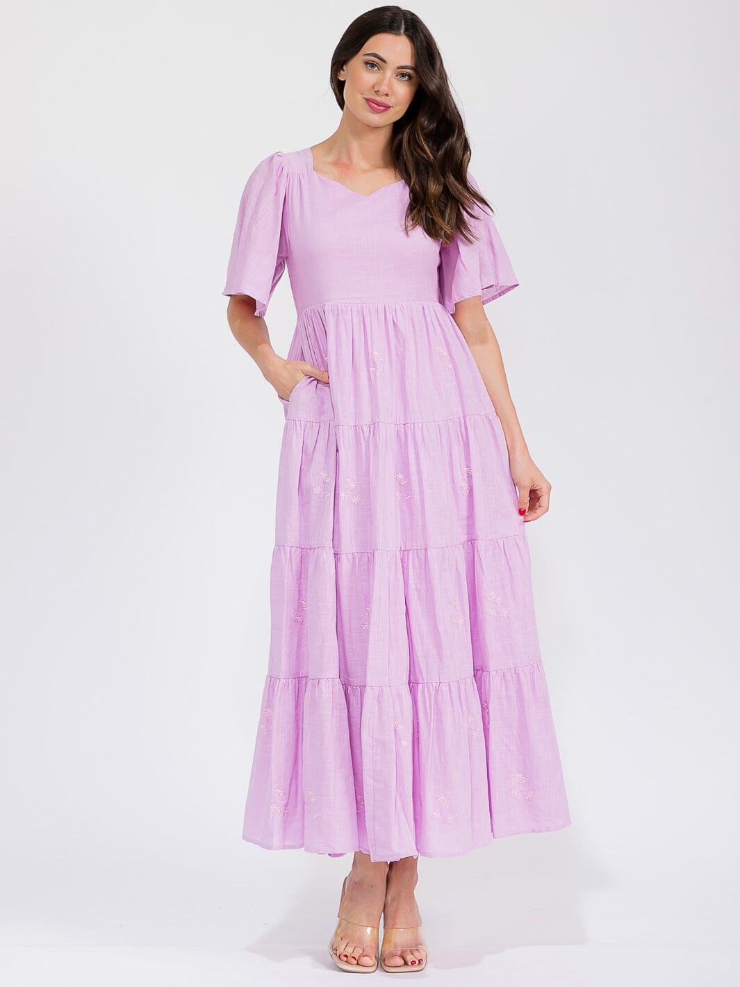 WOMEN'S SHORT SLEEVE FRONT POCKETS TIERED EMBROIDERY FLOWERS MAXI DRESS