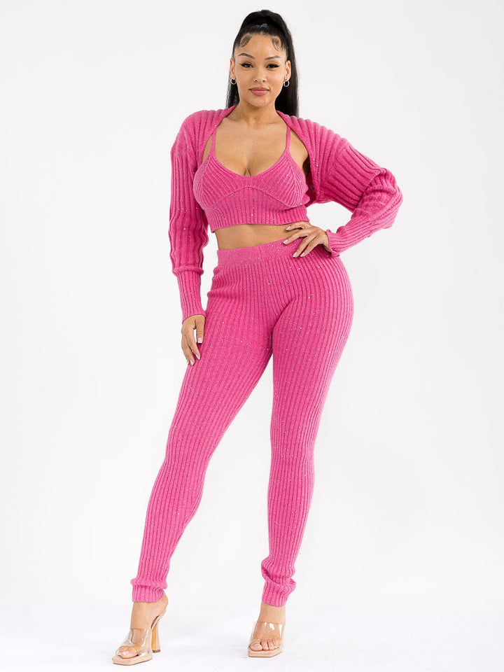 WOMEN'S LONG SLEEVE CARDIGAN & TANK TOP WITH ELASTIC WAIST PANTS RIBBED SHIMMER 3PC. SET