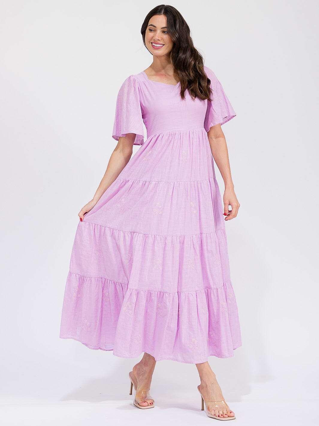 WOMEN'S SHORT SLEEVE FRONT POCKETS TIERED EMBROIDERY FLOWERS MAXI DRESS