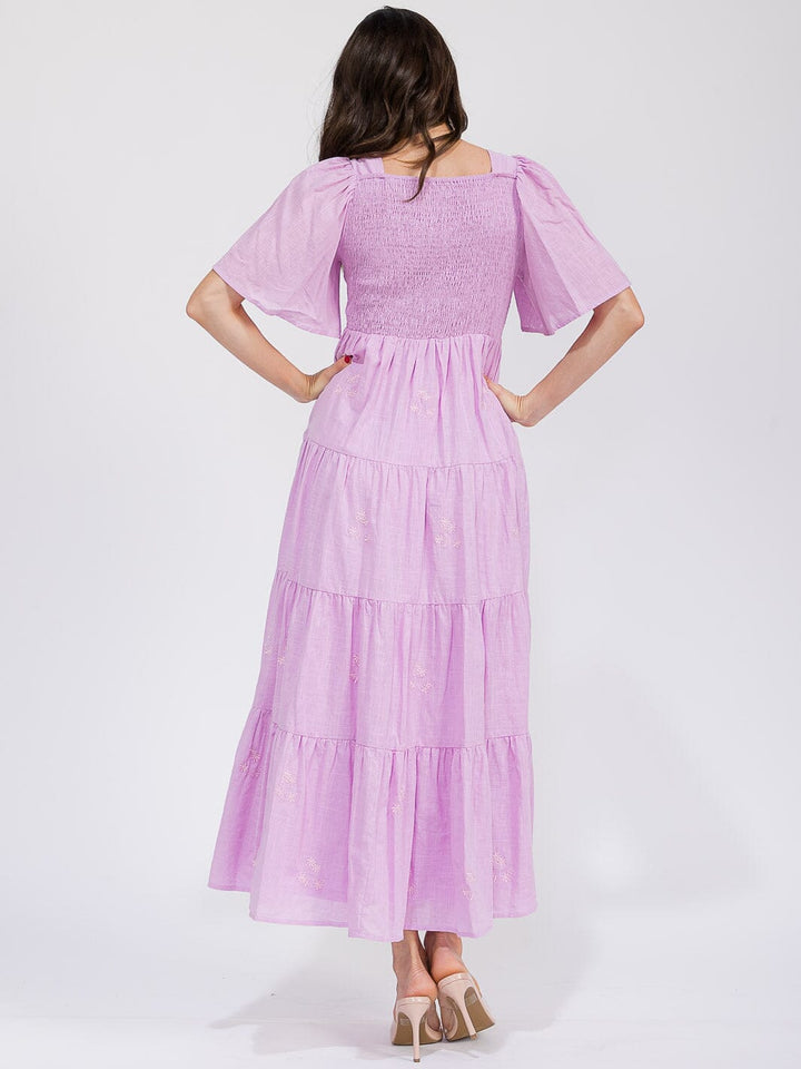 WOMEN'S SHORT SLEEVE FRONT POCKETS TIERED EMBROIDERY FLOWERS MAXI DRESS