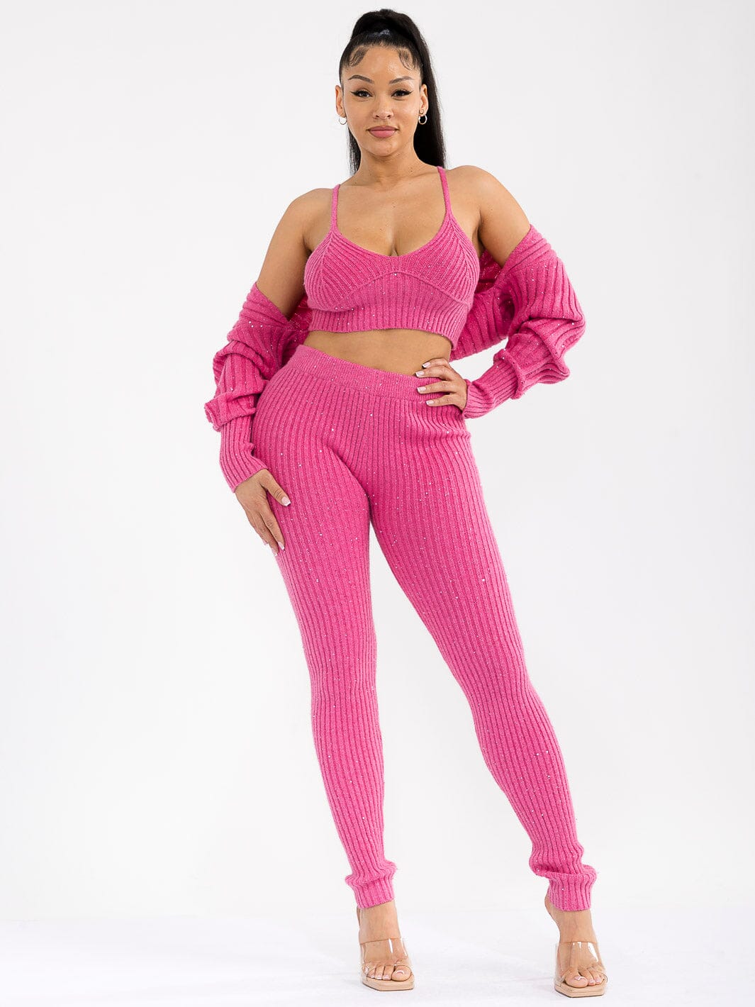 WOMEN'S LONG SLEEVE CARDIGAN & TANK TOP WITH ELASTIC WAIST PANTS RIBBED SHIMMER 3PC. SET