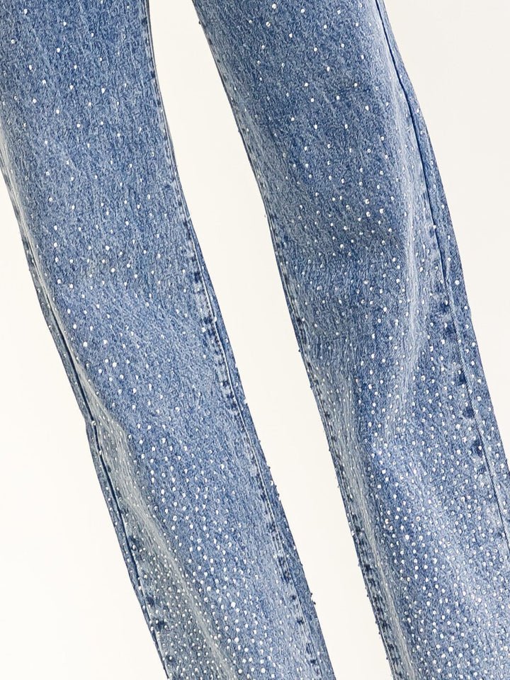 WOMEN'S BUTTON CLOSURE RHINESTONES WIDE LEG DENIM PANTS