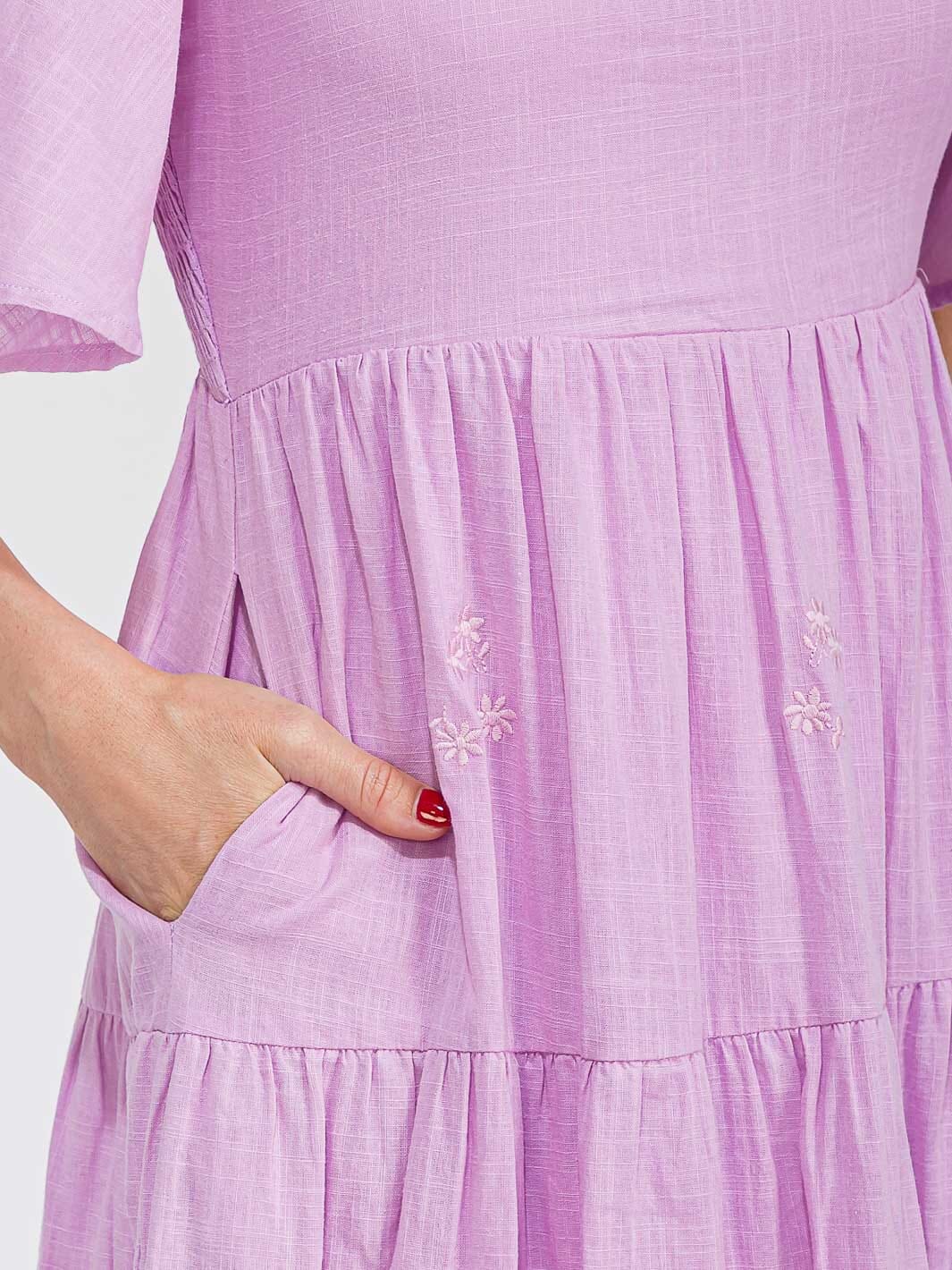 WOMEN'S SHORT SLEEVE FRONT POCKETS TIERED EMBROIDERY FLOWERS MAXI DRESS