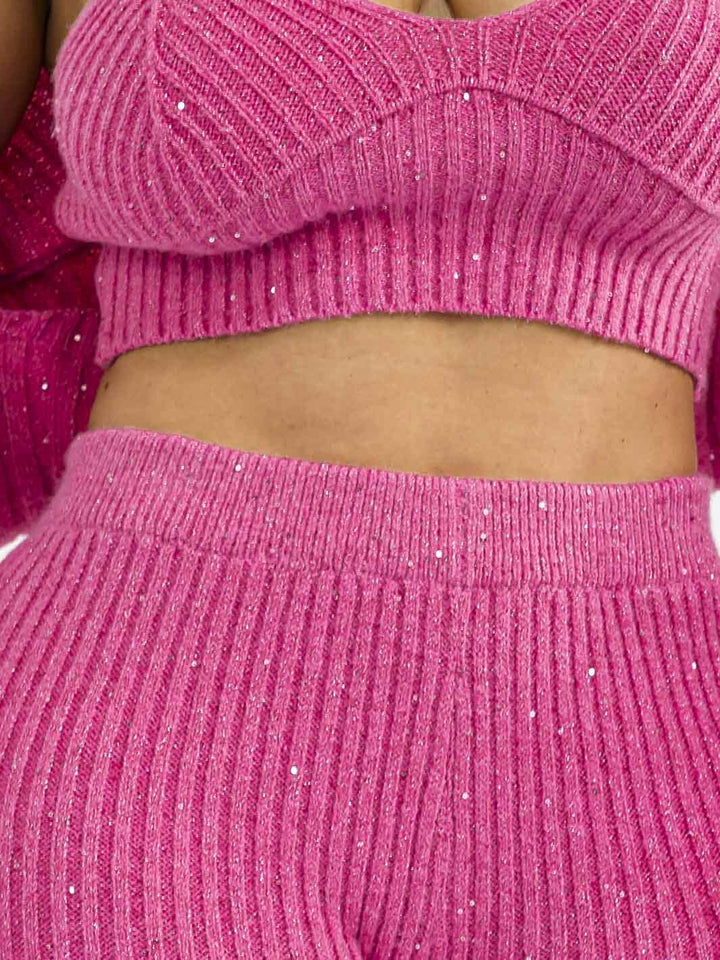 WOMEN'S LONG SLEEVE CARDIGAN & TANK TOP WITH ELASTIC WAIST PANTS RIBBED SHIMMER 3PC. SET