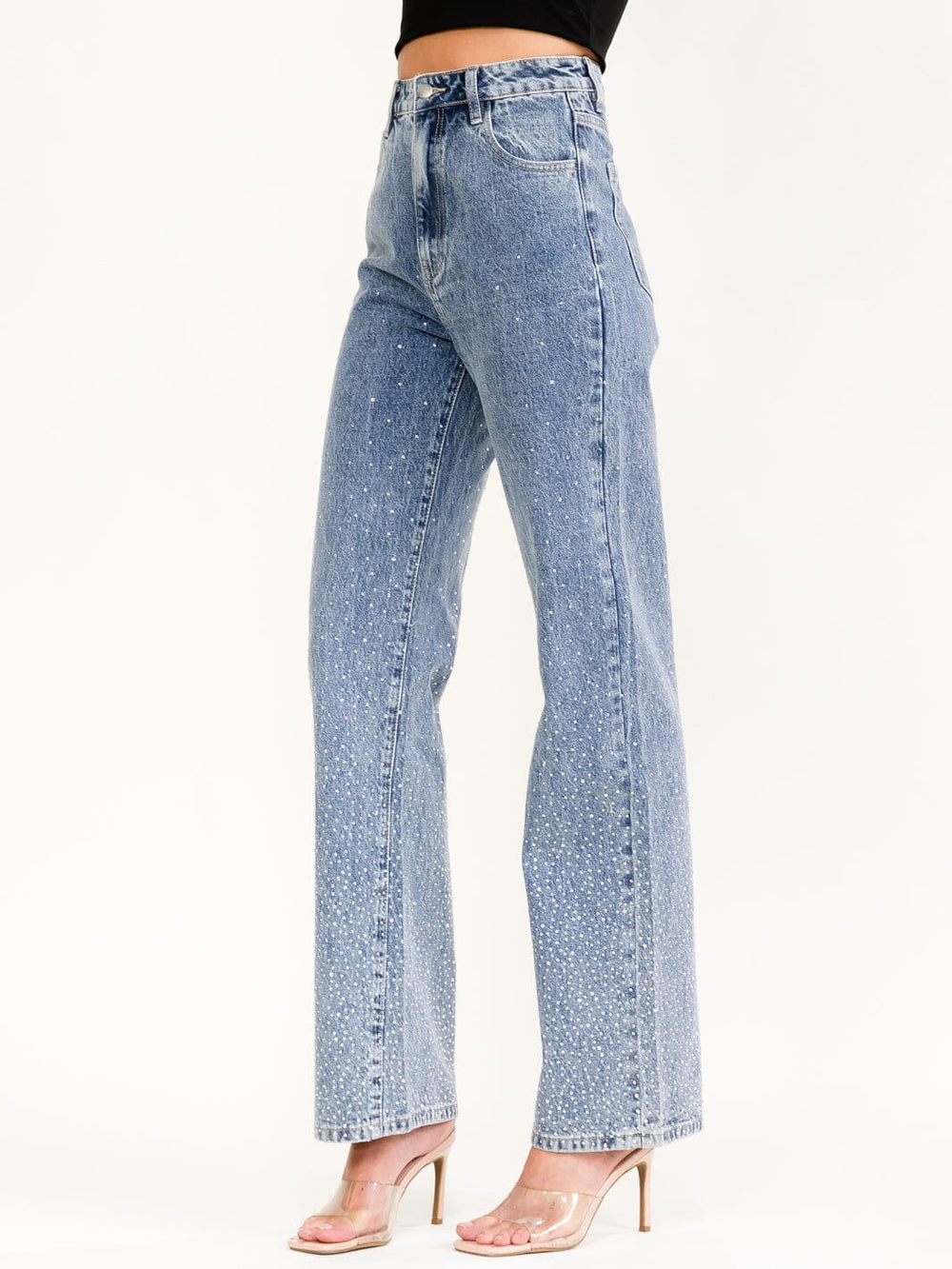 WOMEN'S BUTTON CLOSURE RHINESTONES WIDE LEG DENIM PANTS