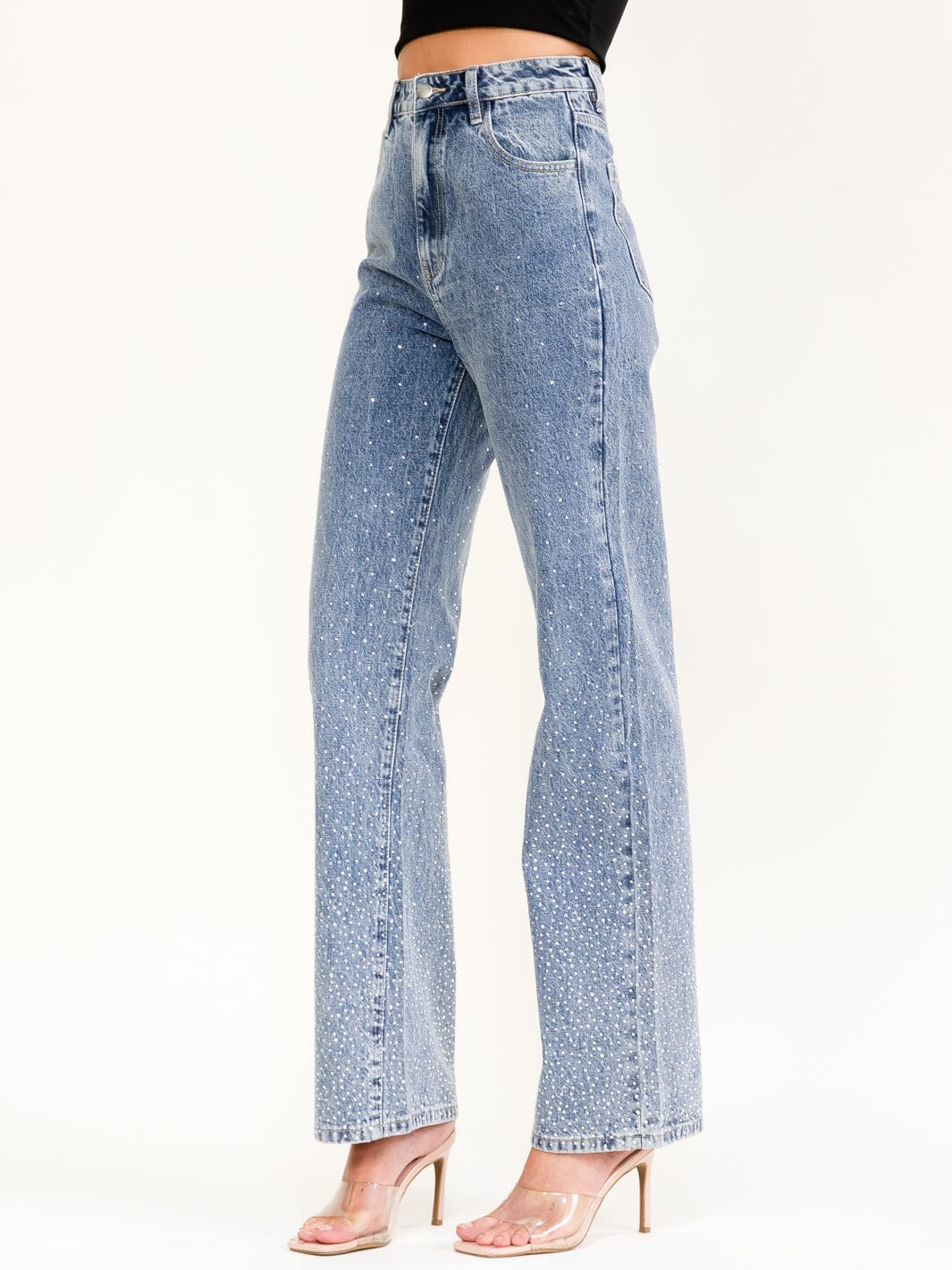 WOMEN'S BUTTON CLOSURE RHINESTONES WIDE LEG DENIM PANTS