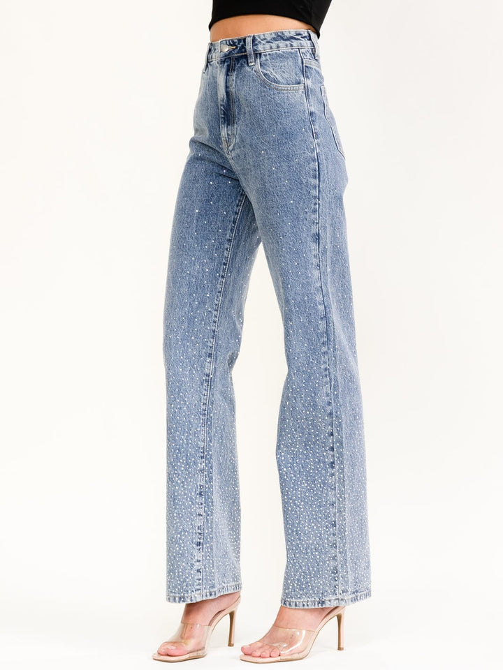 WOMEN'S BUTTON CLOSURE RHINESTONES WIDE LEG DENIM PANTS