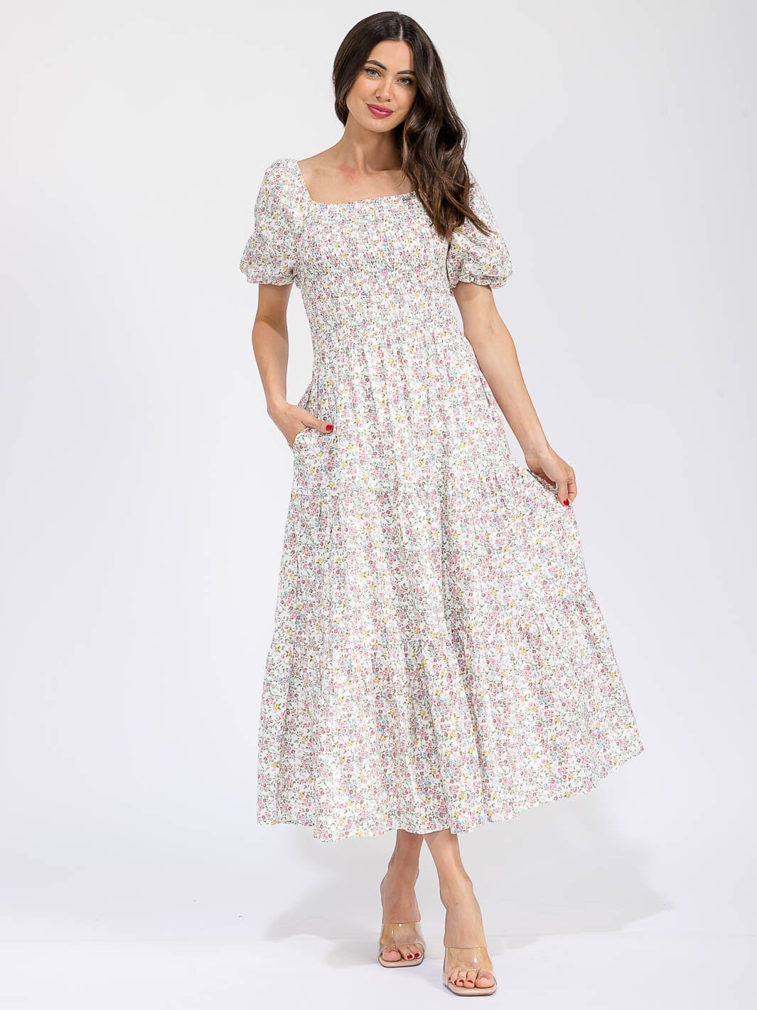 WOMEN'S SHORT SLEEVE SMOCK FRONT POCKETS TIERED FLORAL MAXI DRESS