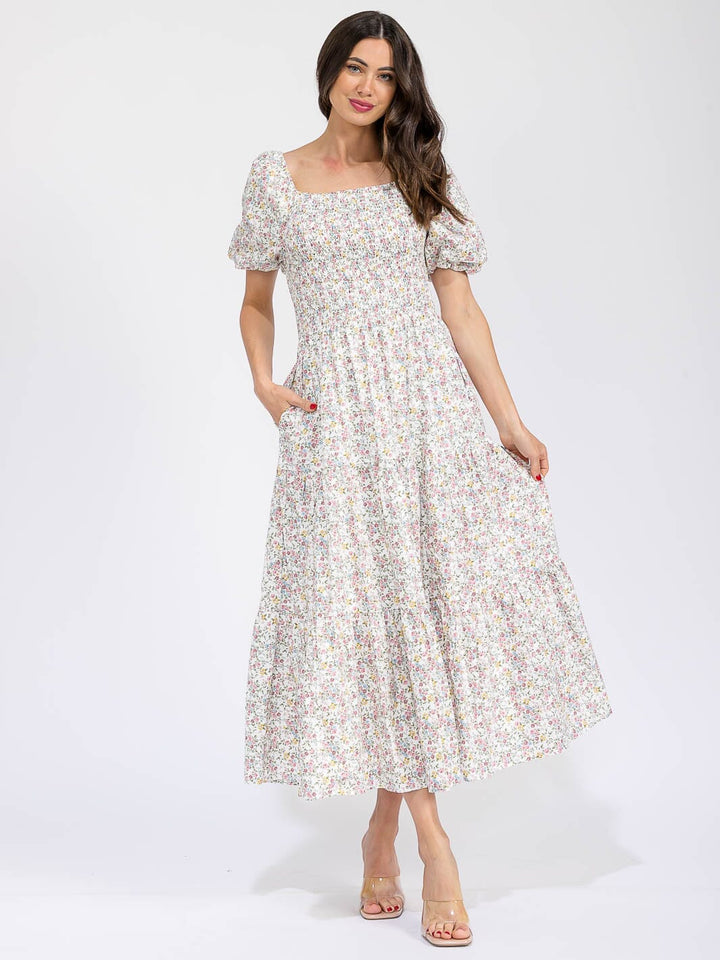 WOMEN'S SHORT SLEEVE SMOCK FRONT POCKETS TIERED FLORAL MAXI DRESS
