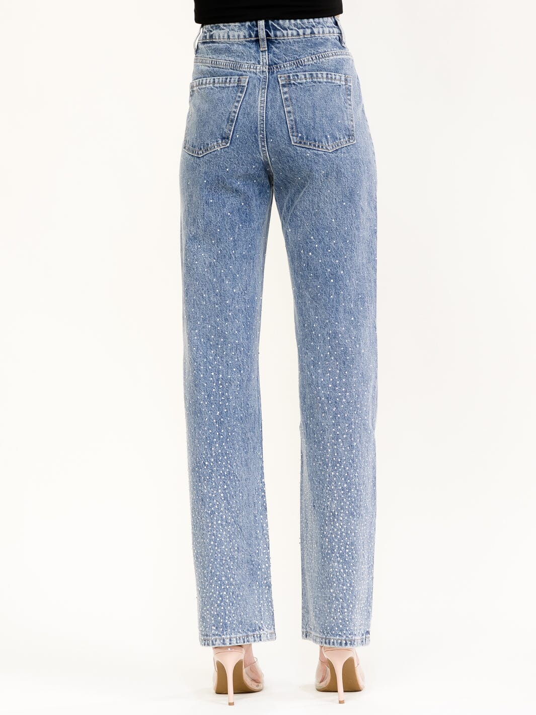 WOMEN'S BUTTON CLOSURE RHINESTONES WIDE LEG DENIM PANTS