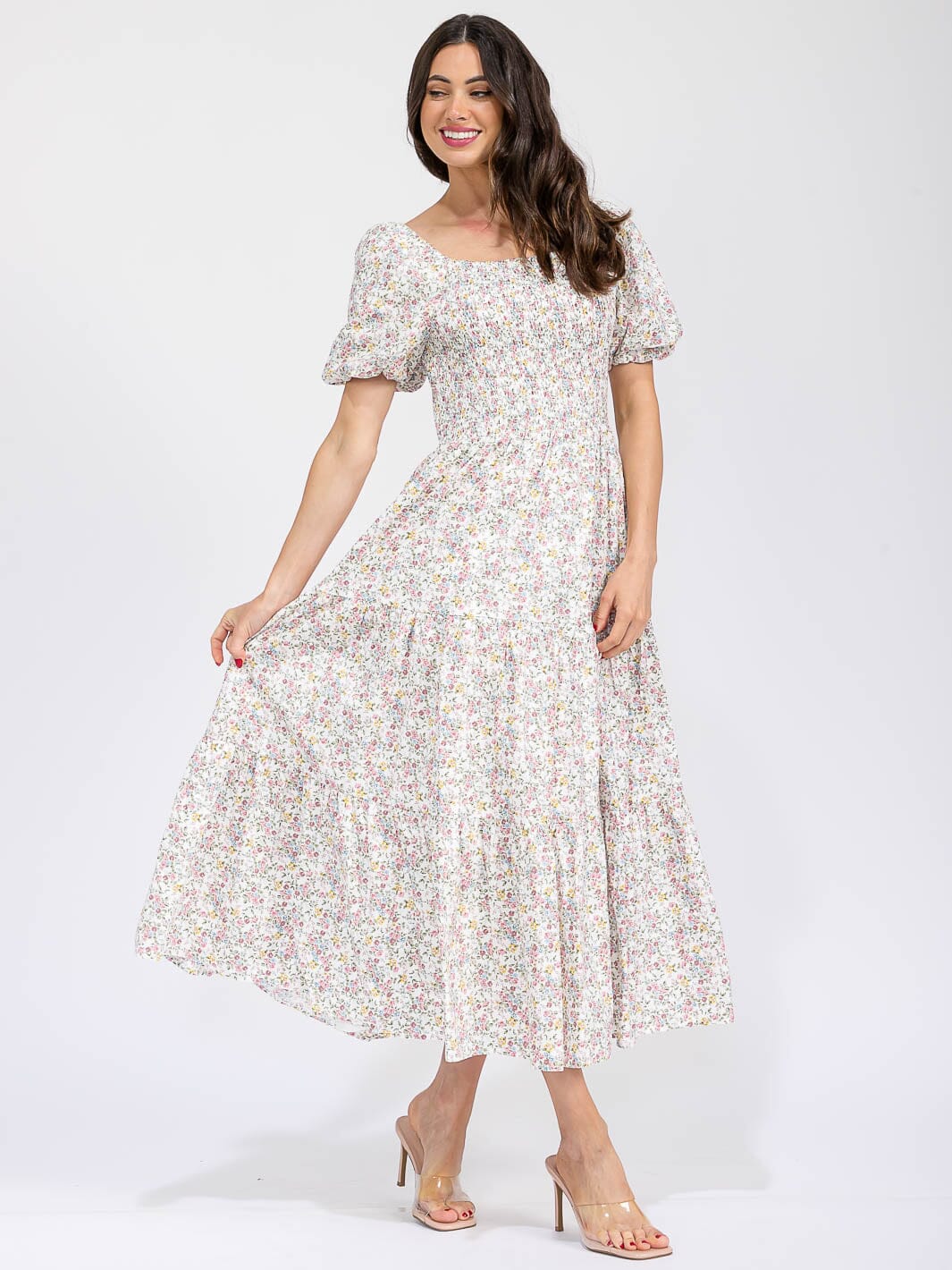WOMEN'S SHORT SLEEVE SMOCK FRONT POCKETS TIERED FLORAL MAXI DRESS