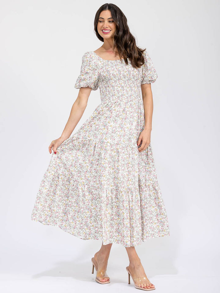 WOMEN'S SHORT SLEEVE SMOCK FRONT POCKETS TIERED FLORAL MAXI DRESS
