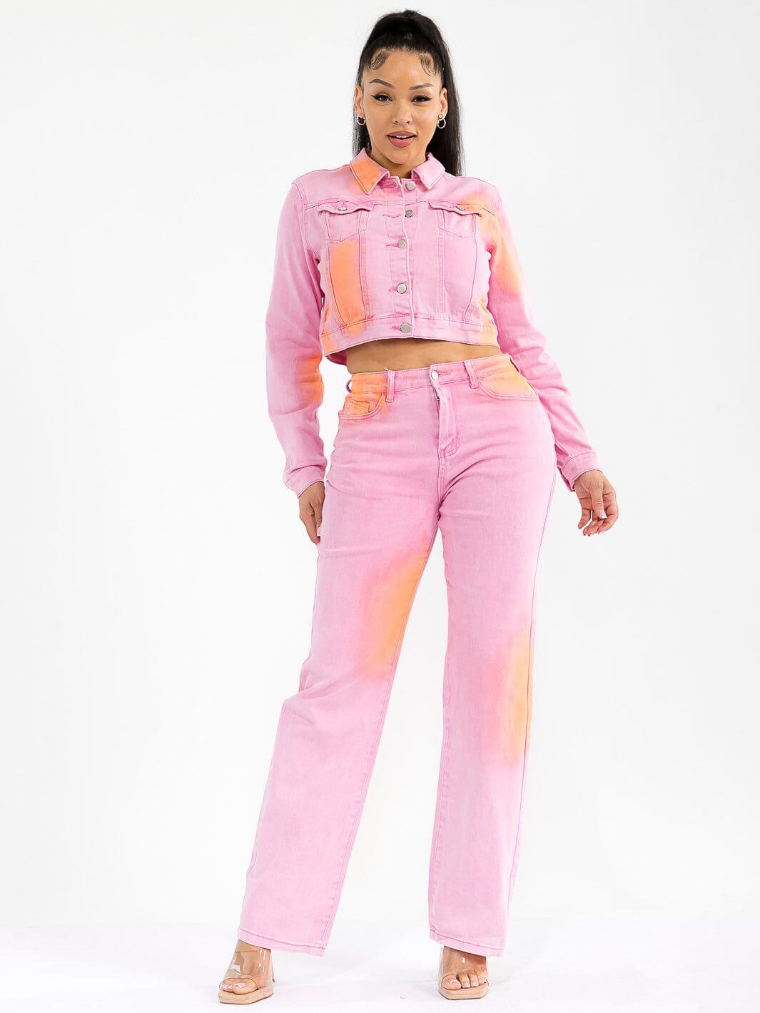 WOMEN'S LONG SLEEVE BUTTON CLOSURE TIE DYE STRETCH DENIM JACKET