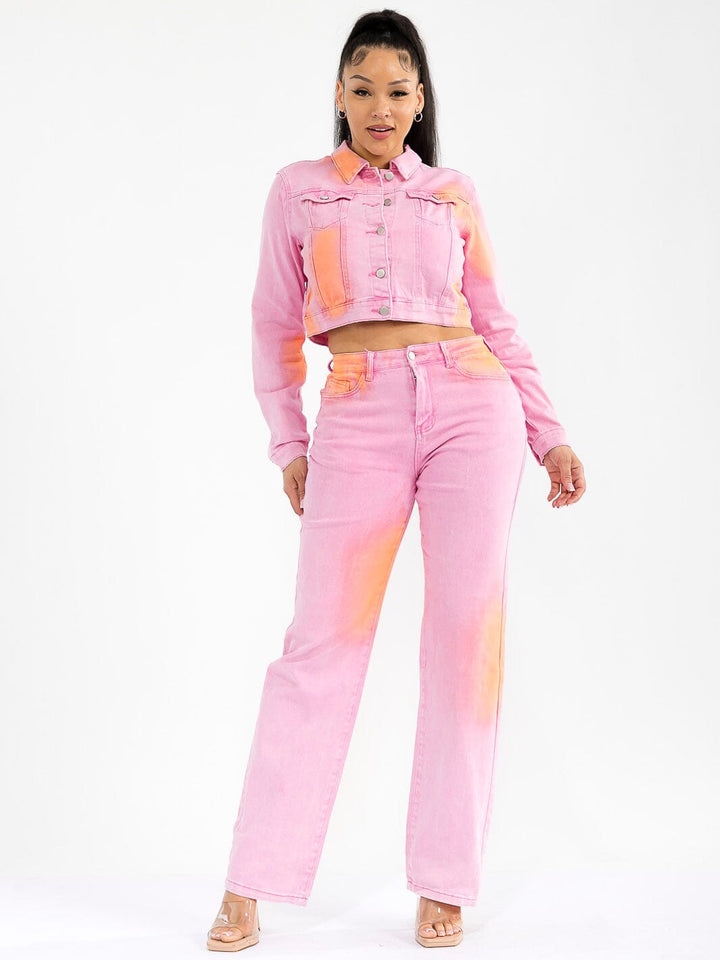 WOMEN'S LONG SLEEVE BUTTON CLOSURE TIE DYE STRETCH DENIM JACKET