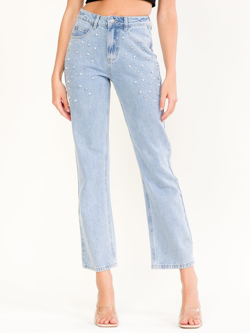 WOMEN'S BUTTON CLOSURE STUDS PEARL WIDE LEG DENIM PANTS